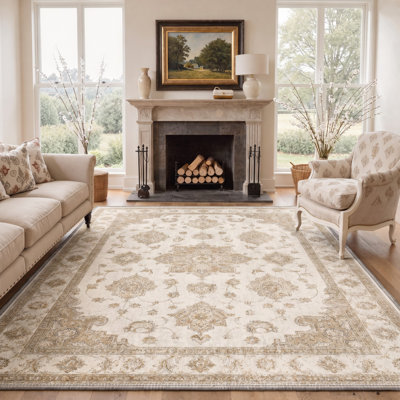 Traditional Oriental Ivory / Beige Performance Low-Pile Washable Non-Slip Area Rug