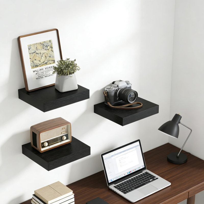 Ensemble de 4 tablettes flottantes, supports muraux invisibles pour salon, salle de bain, cuisine, design moderne rustique avec installation robuste, finition noire