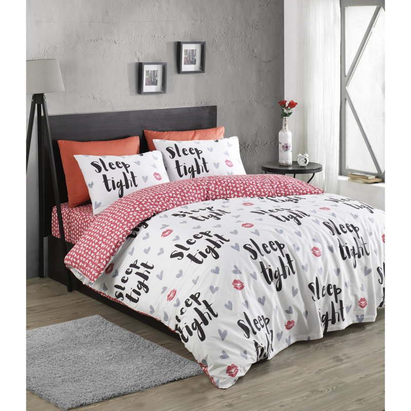 Ensemble de housse de couette 100% coton blanc / rose / noir Archippos, Housse de couette simple + 2 pièces supplémentai