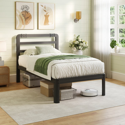 Kynnleigh 18-Inch Twin Size Black Metal Platform Bed with Modern Headboard, Heavy-Duty Steel Support, Underbed Storage, No Box Spring Needed