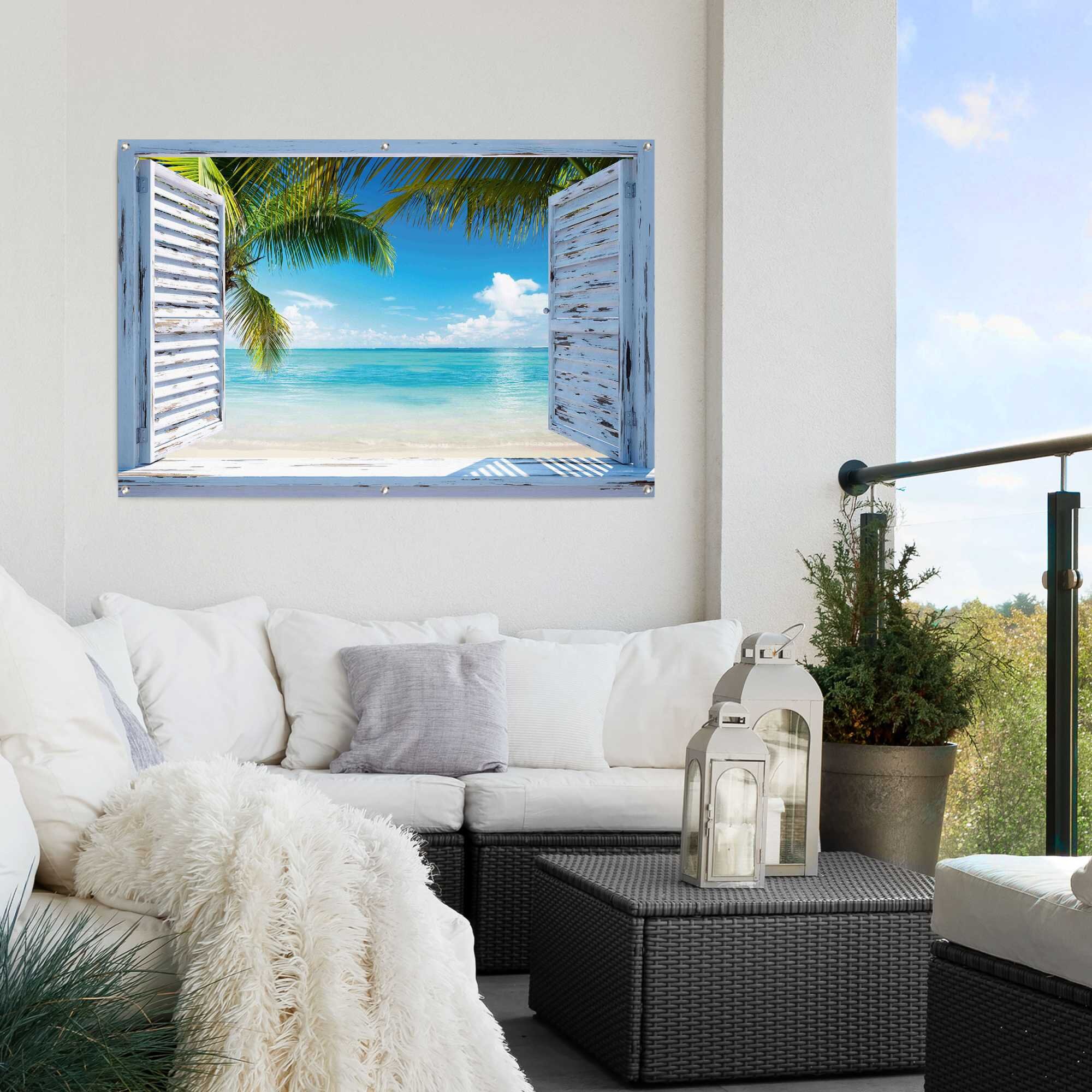 House of Hampton Gartenposter Strandfenster - - Strandbilder Meer Fensterblick Palmen 
