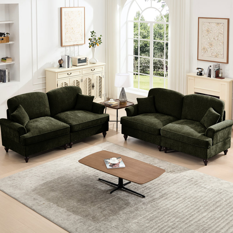 2 pièces avec pattes fuselées, coussin décoratif segmenté et mobile, canapé modulaire en chenille à fil argent évasé, volants amovibles, tissu pour l'élégance