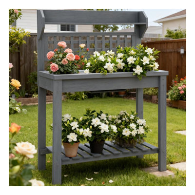 Banc de rempotage en bois pour l'extérieur avec plateau coulissant gris