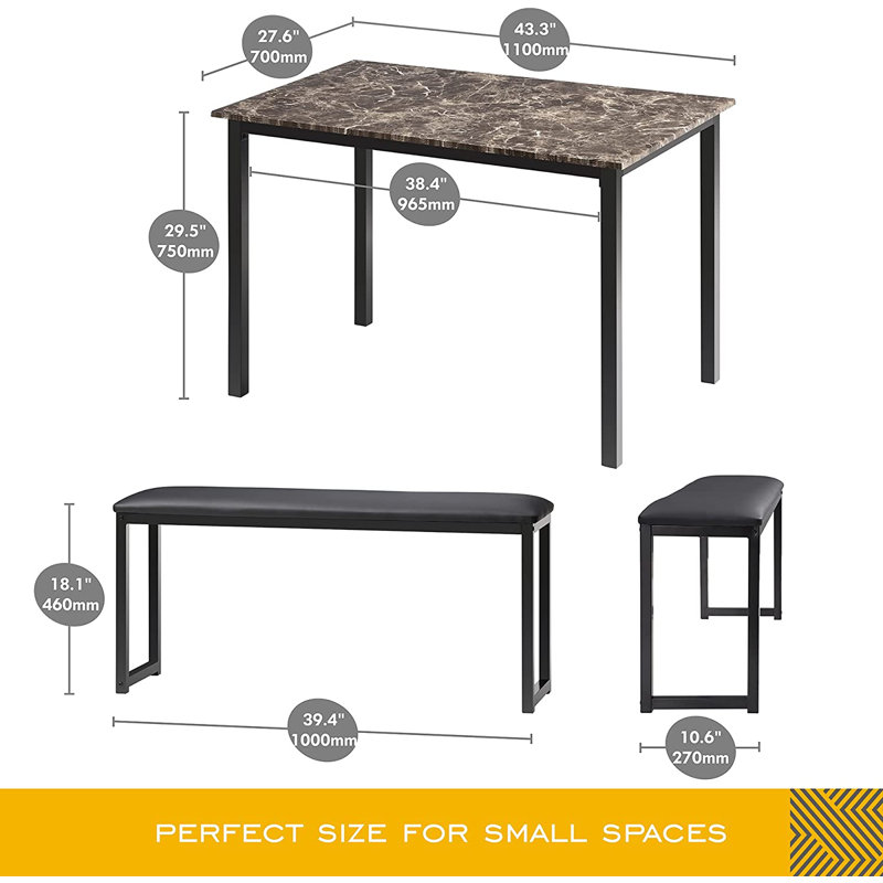 Ensemble de table de salle à manger 3 pièces, banc rembourré et structure en métal, convient pour la cuisine, le salon, le studio, le faux marbre