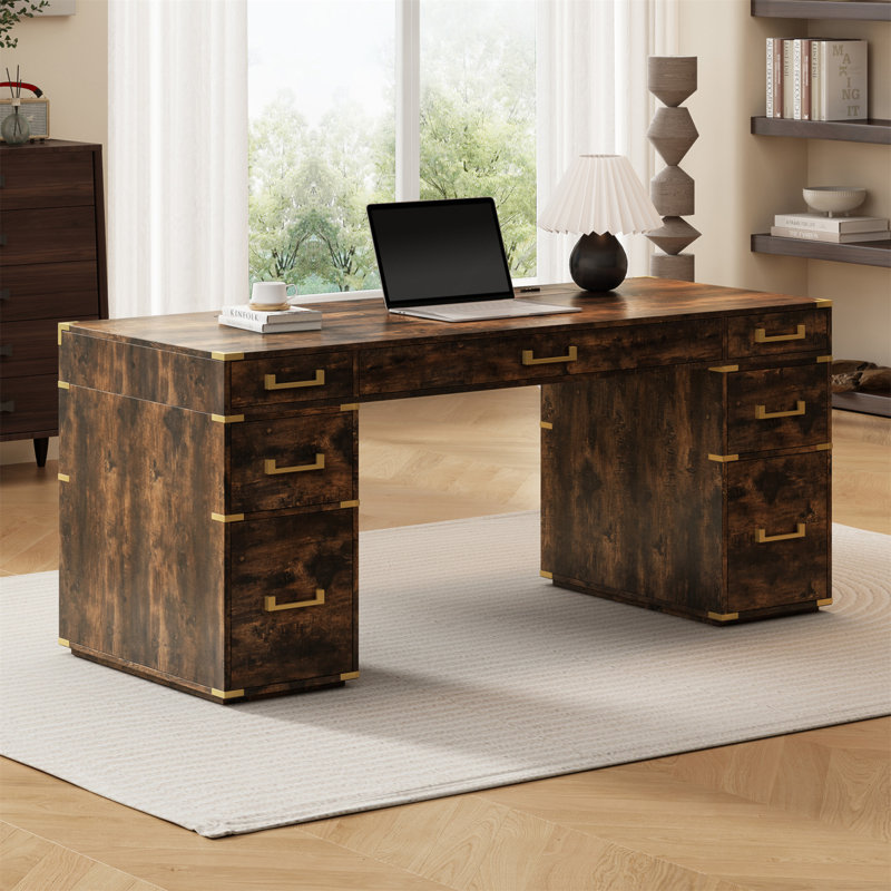 Bureau de direction classique et traditionnel avec bordure en métal, compartiment caché et plusieurs options de rangement