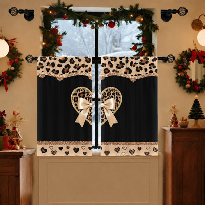 2Pcs Leopard Heart Curtains, Decorative Bow Detail, Glitter Trim, Light Filtering, Privacy Protection, Rod Pocket Design, for Living Room, Bedroom, Home Decoration