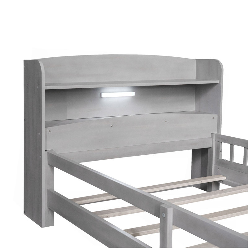 Lit plateforme simple en bois avec éclairage à DEL intégré, tête de lit avec rangement et garde-corps, Gris antique