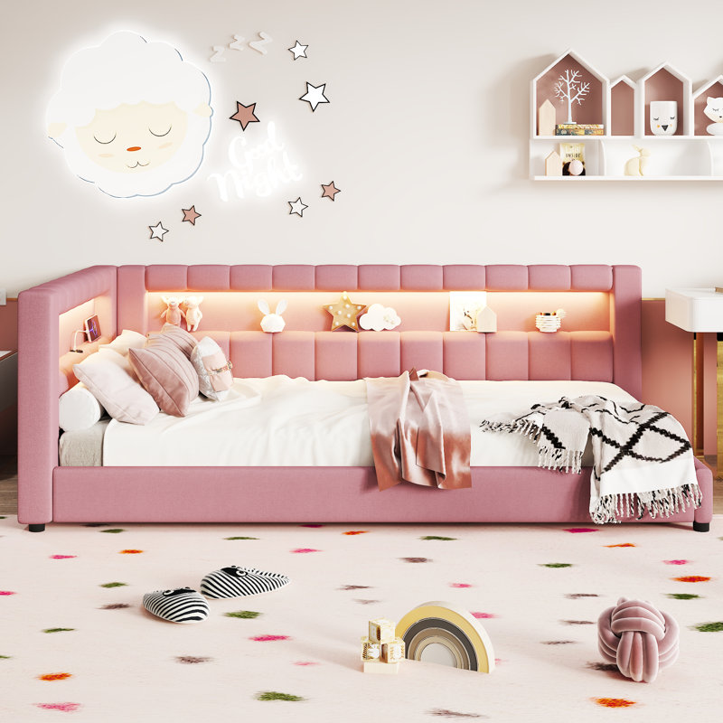 Upholstered Twin XL Platform Bed with LED Lights and USB Charging Ports – Modern Linen Bed Frame, Pink, Twin XL, Pink