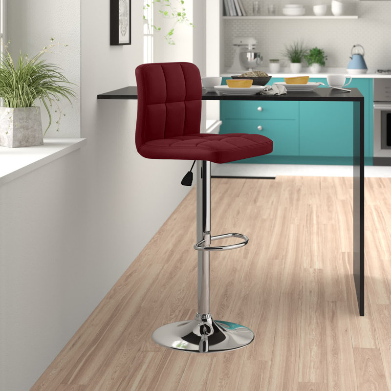 Ahlijah Contemporary Quilted Vinyl Adjustable Height Barstool with Chrome Base, Burgundy