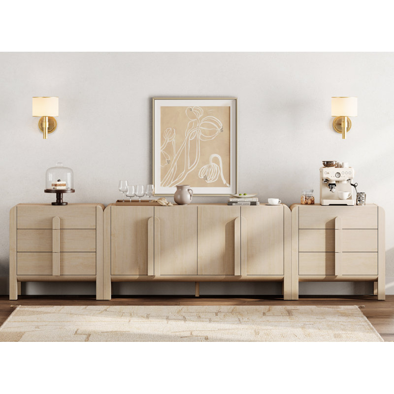 3-Piece Long Sideboard Buffet With Storage, Mid-Century Modern 126" Wooden Credenza With Doors And Adjustable Shelves For Kitchen，Living Room