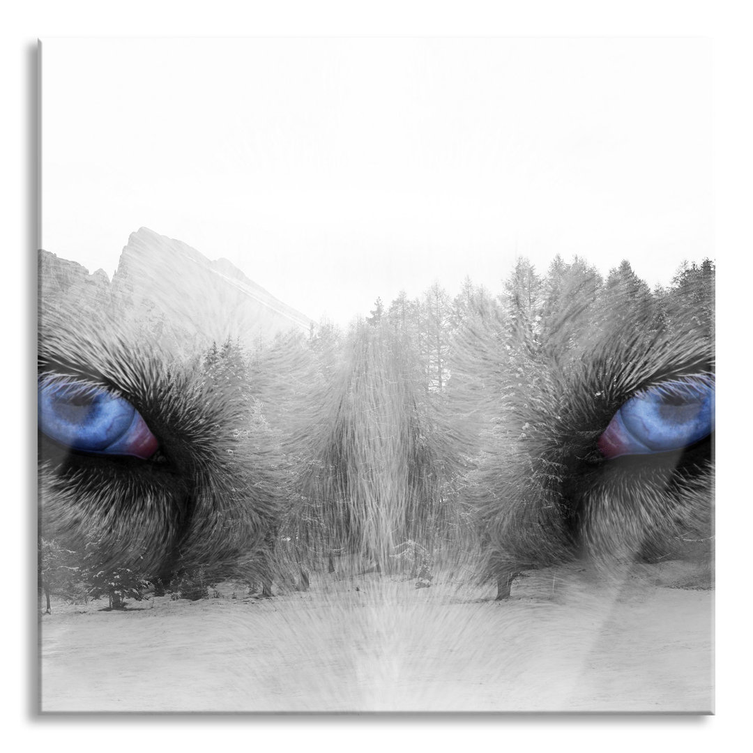 Glasbild Overlay Wolfsaugen über Winterwald