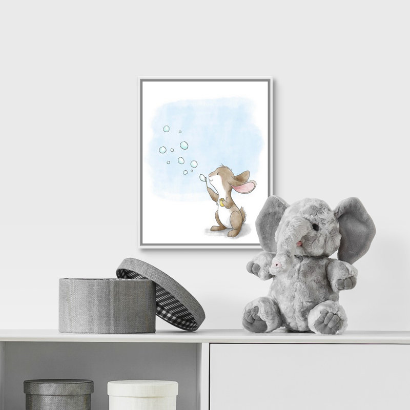 « souffleing bubbles », impression Little Bunny, H 14 po x l 11 po x P 1,75 po, Cadre pour toile flottant blanc