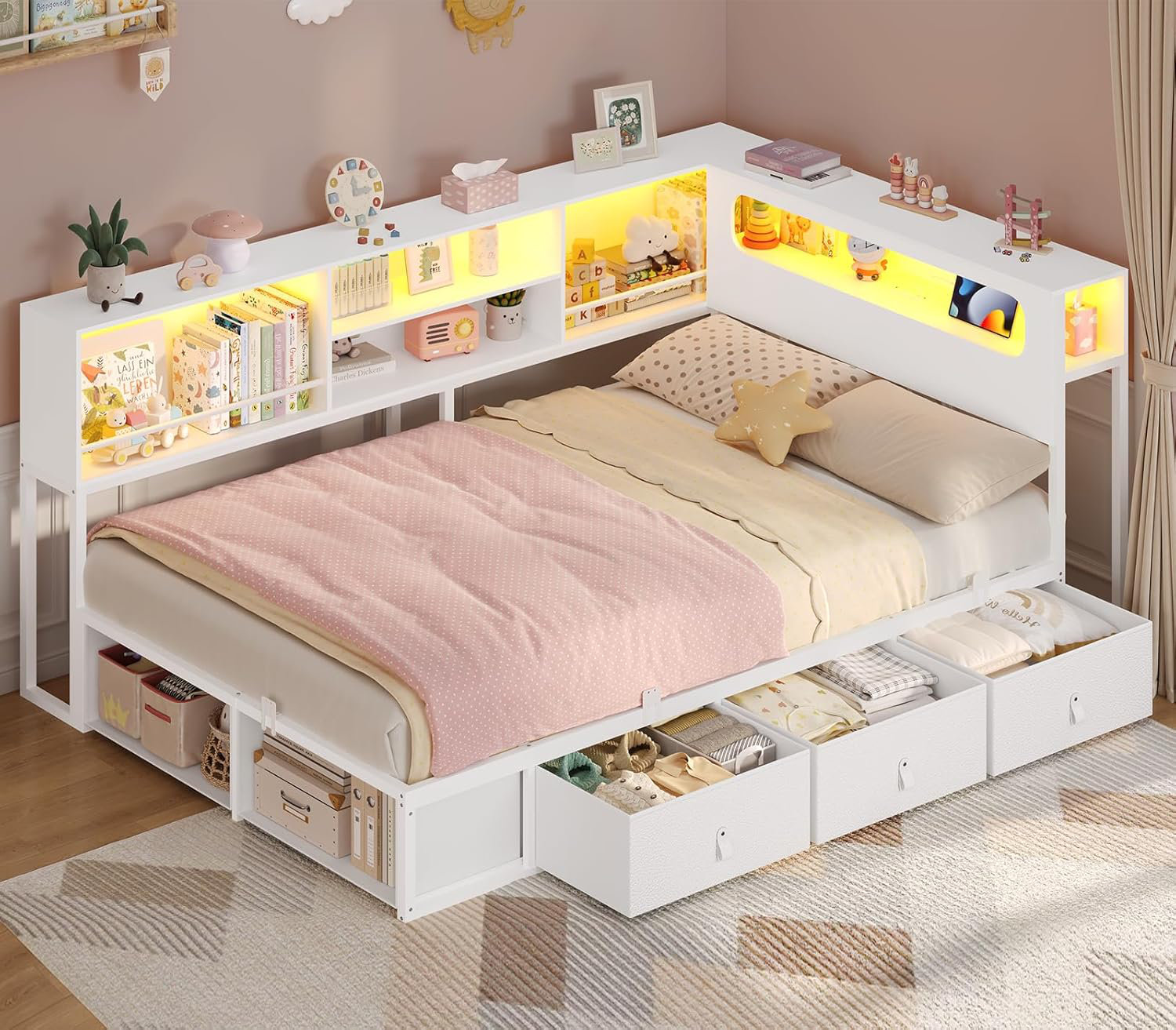 Corner Bed Frame With Bookcase Storage & Rgb Lights, Charging Station, Metal Daybed With 3 Drawers & 2 Open Cubbies, For Small Space