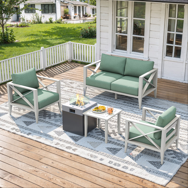 Ensemble de mobilier de patio en aluminium MBY, ensemble de conversation surdimensionné 6 pièces avec foyer et table basse, canapé blanc moderne pour terrasse, jardin, bord de piscine