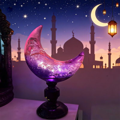 Ramadan LED Moon Lamp – Colorful Gradient Moon Decor with Warm Light, Islamic Festival Ambient Light, Tabletop Ornament for Eid, Ramadan & Home Decoration