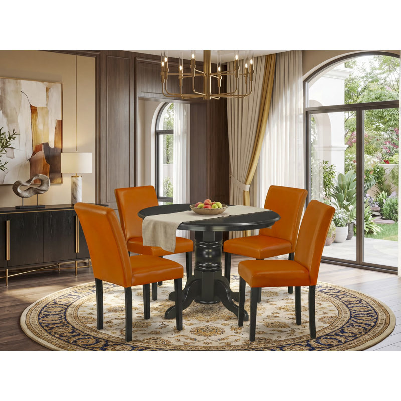 5 Piece Dining Table Set Includes a Round Dining Room Table with Pedestal and 4 Baked Bean Faux Leather Upholstered Chairs, 42x42 Inch, Black