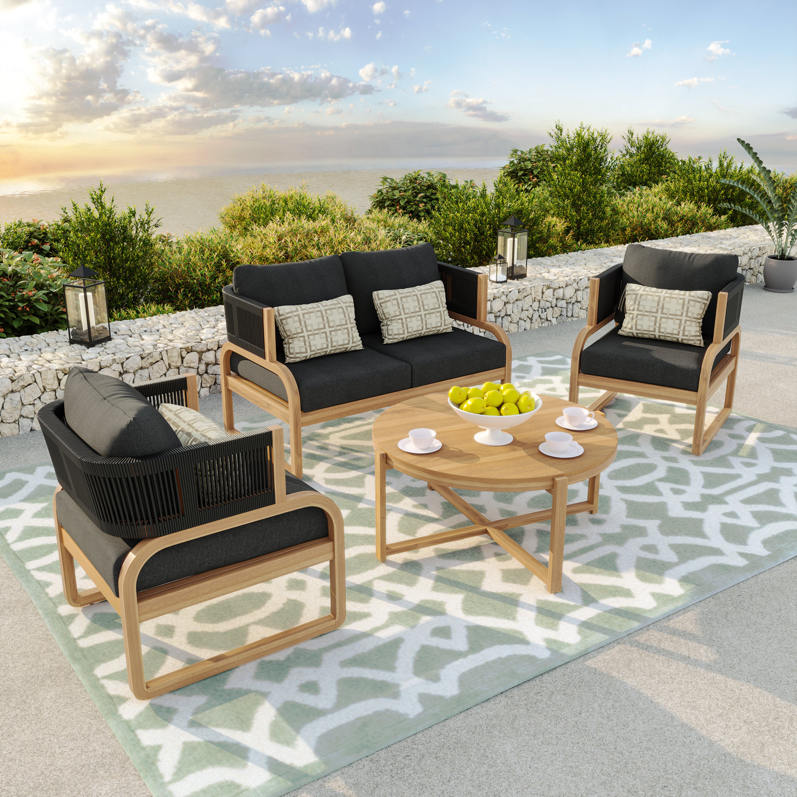 4 - Person Outdoor Seating Group with Sunbrella Cushions, Brown Frame/Spectrum Carbon Sunbrella Cushion