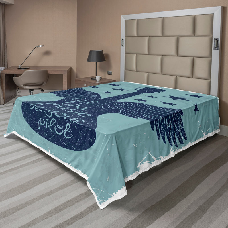 Ambesonne Retro Top Flat Sheet Music Guitar Wings Blue Queen Dark Blue, Drap plat de taille très grand