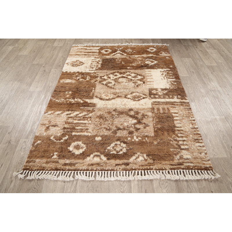 Tapis décoratif en laine noué à la main de conception unique 4 pi 3 po x 5 pi 9 po noué à la main New Age
