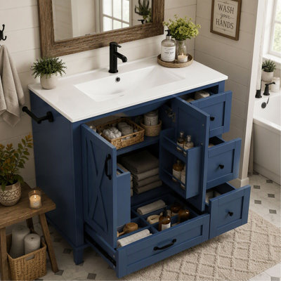 Meuble-lavabo de 91 cm (36 po) avec lavabo, meuble autoportant avec comptoir en céramique, portes en forme de X, 4 tiroirs, tablettes de porte, étagère réglable, porte-serviettes réversible