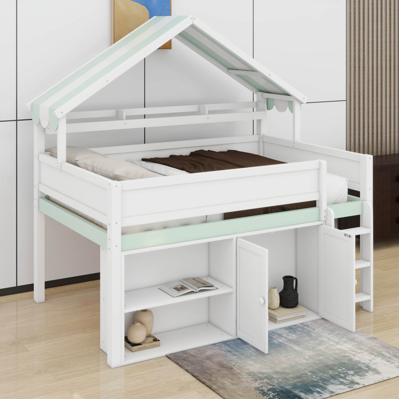 Lit mezzanine double avec toit, Blanc/vert
