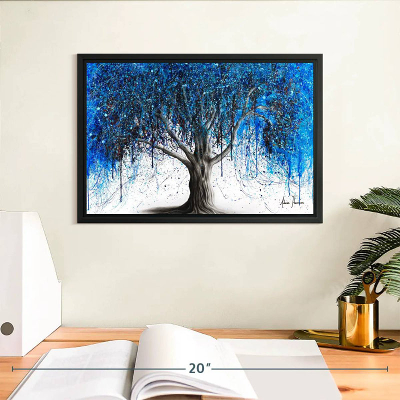 Arbre bleu au clair de lune, Cadre flottant noir, 13 po x 9 po