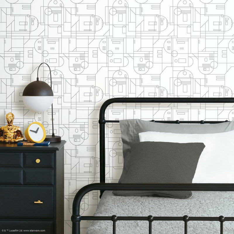 Papier peint adhésif géométrique Star Wars R2D2, Blanc / gris