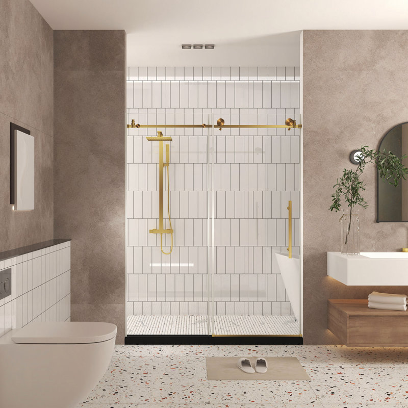 Frameless Shower Door 56-60 "W X 76" H, 1/4 "(6 Mm) Clear Tempered Glass, Explosion Proof Film, Stainless Steel Handle
