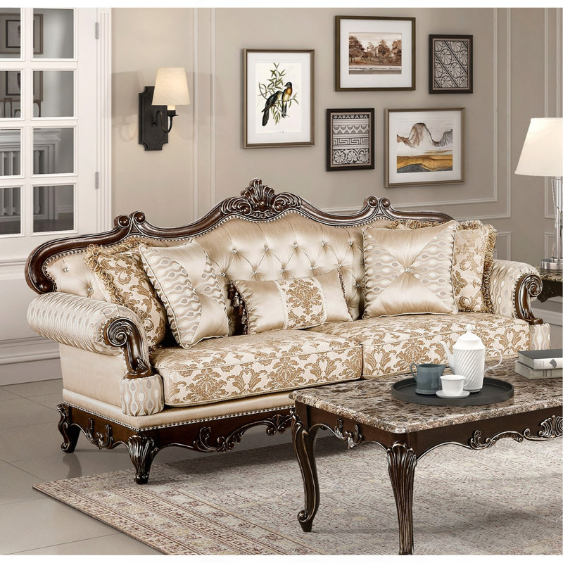 Ensemble de canapé formel de luxe traditionnel avec canapé 2 pièces et finition cerisier avec inclinaison dorée, meubles de salon en bois massif