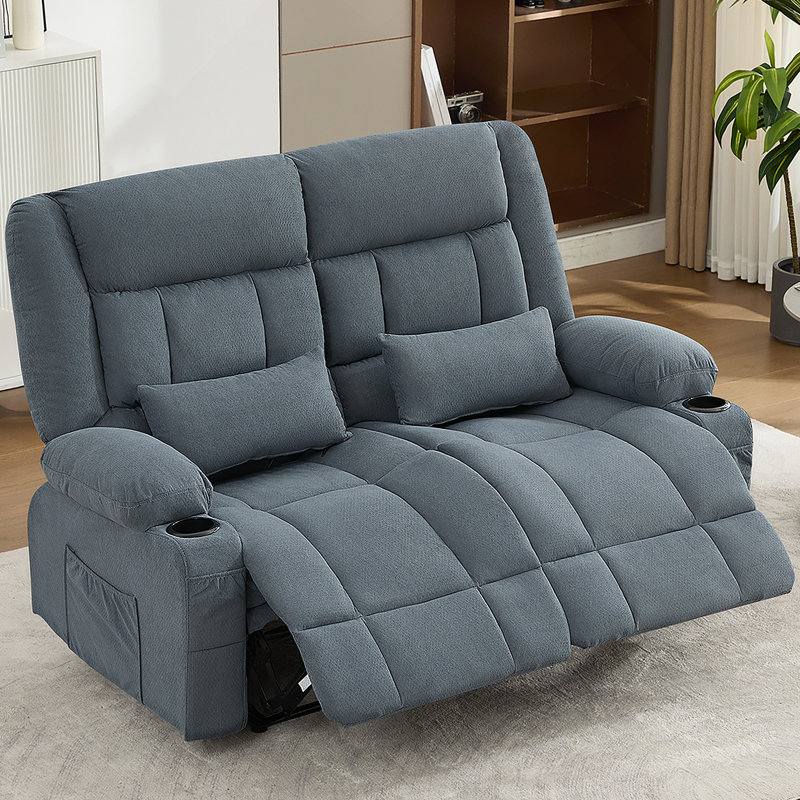 Recliner Loveseat With Cup Holders And Side Pocket For Living Room, Blue