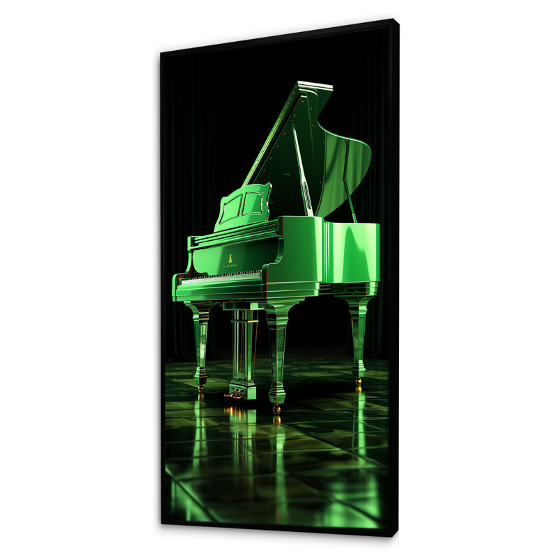Green Grand Piano Elegance - Piano, art mural, Cadre flottant noir, H 60 po x l 28 po x P 1,5 po