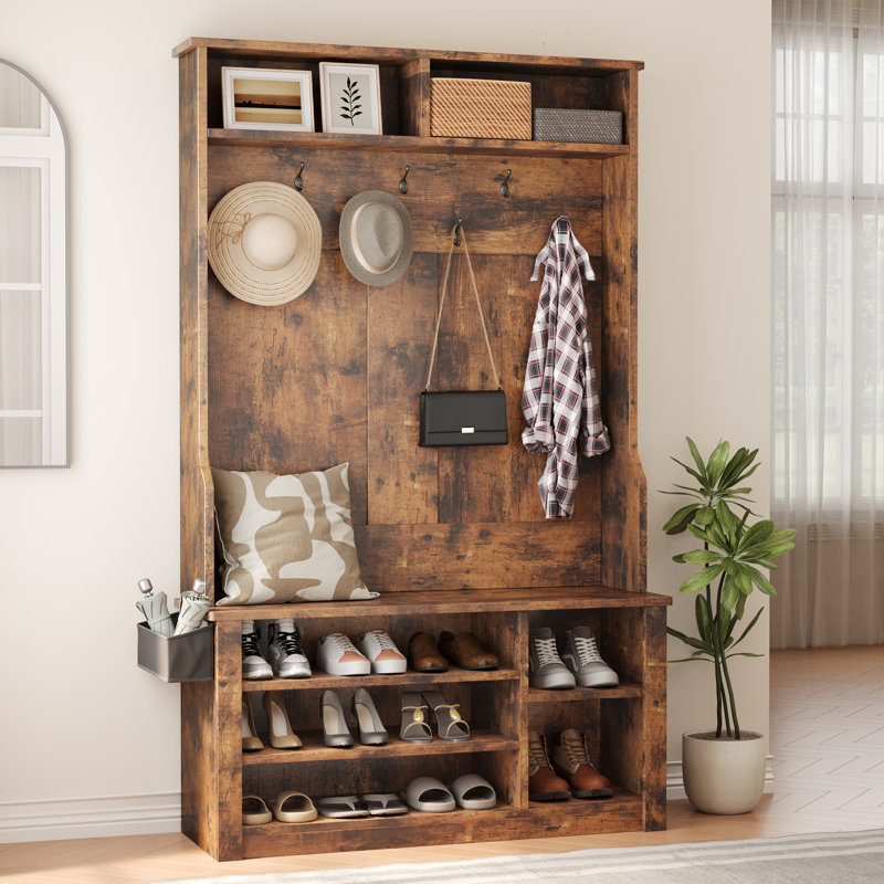 Farmhouse Hall Tree with Bench, Shoe Storage, Side Baskets & Hooks – Ideal for Entryway, Rustic Brown