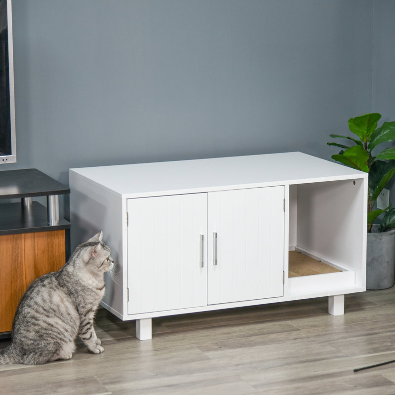 Litière pour chat blanc avec table de bout - Portes magnétiques