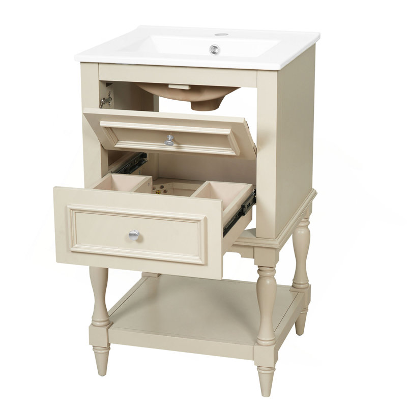 Meuble-lavabo de 20 po avec lavabo en céramique, armoire de rangement avec tablette ouverte, armoire de salle de bain rétro avec 2 tiroirs