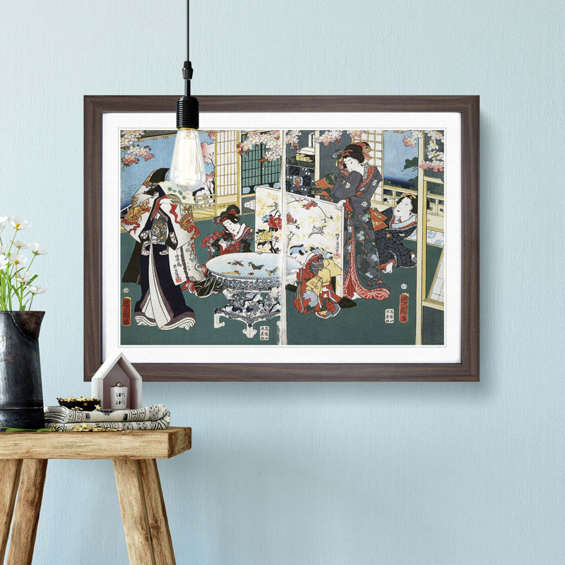 Scene in a Villa by Toyohara Kunichika - Picture Frame Painting Print, 48cm H x 65cm W x 2cm D, Walnut Framed