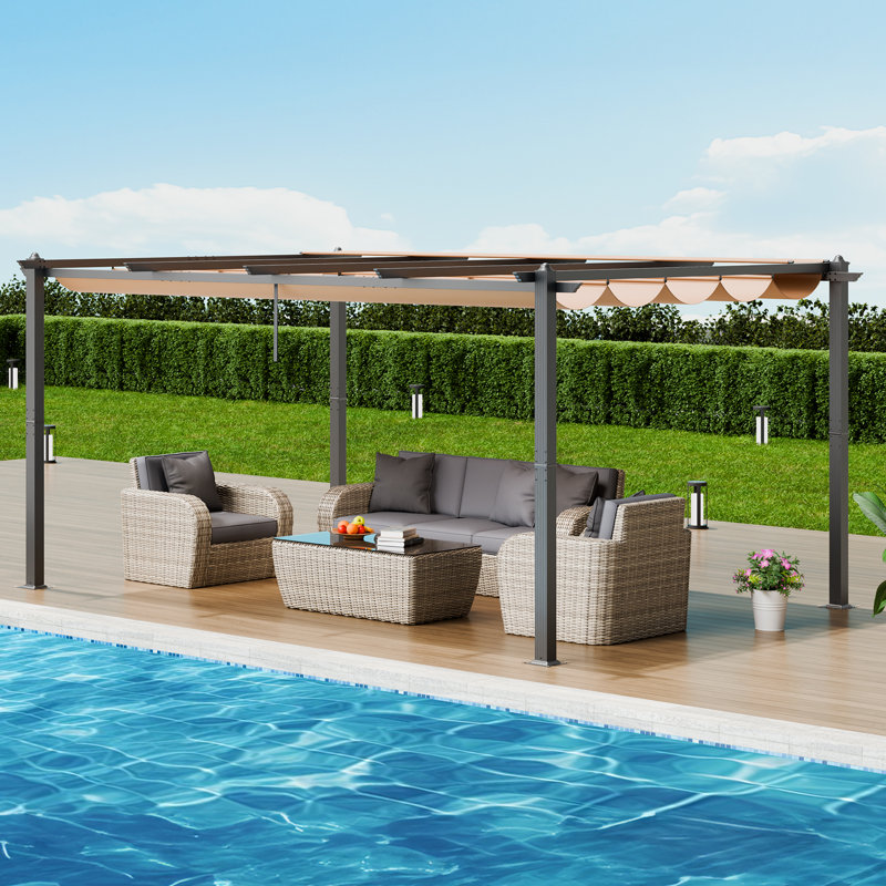 Pergola d'extérieur rétractable avec auvent en aluminium, Beige, H 90,55 po x l 141,73 po x P 191,34 po