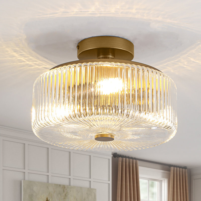 3-Light Semi Flush Mount Ceiling Light Fixture, Golden Close To Ceiling Light With Glass Shade