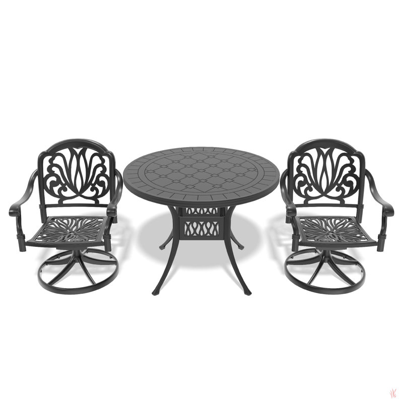 Cet ensemble de salle à manger en fonte d'aluminium toutes saisons comprend des chaises pivotantes et une table ronde avec cadre noir