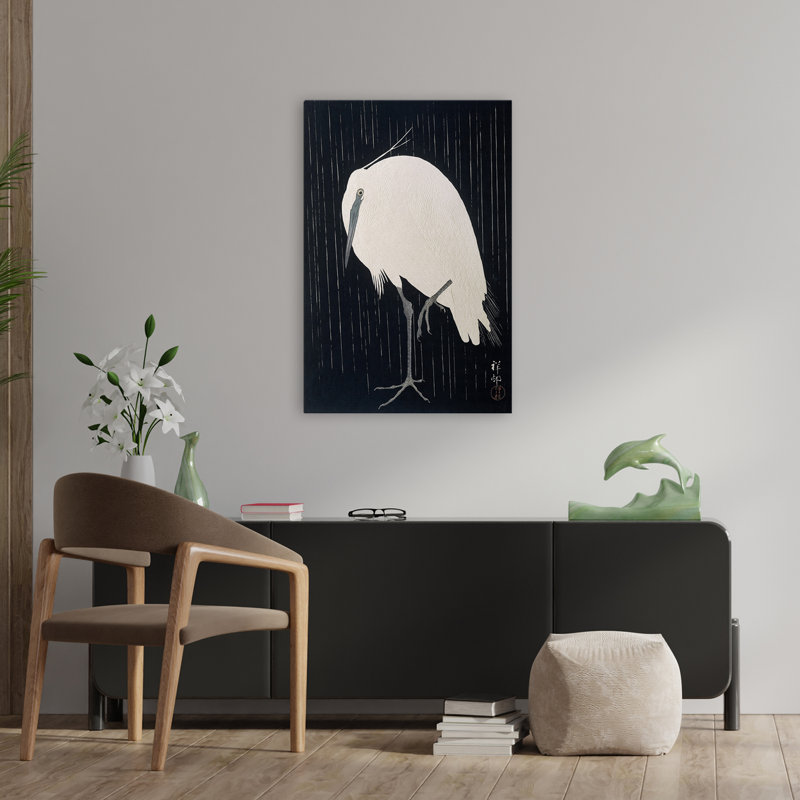 Aigrette sous la pluie, 1925-1936 - Art rétro, oiseaux, musée, Japon, H 36 po x l 24 po