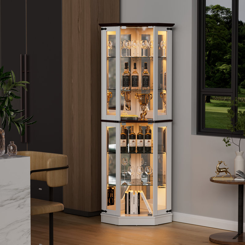 71'' Farmhouse Display Corner Curio Cabinet With Led Lights,tempered Glass Doors And 6 Shelves