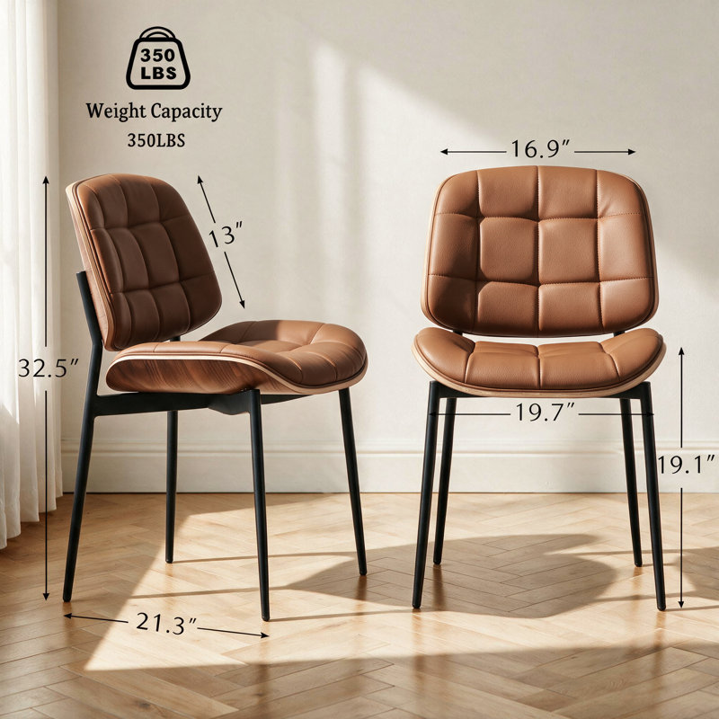 Mid Century Modern Dining Chairs with Walnut Grain Back, Brown Faux Leather Dining Room Chairs Set of 4, Checkered Soft Cushion Kitchen Chairs with Adjustable Foot Pads