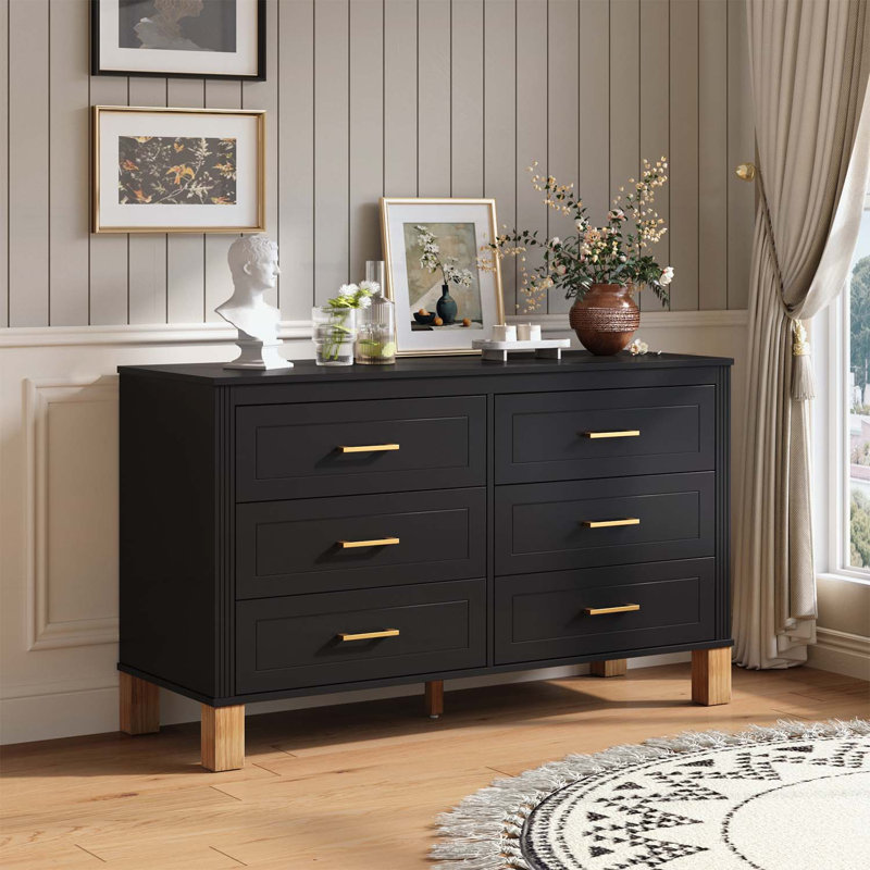 6-Drawer Storage Cabinet with Metal Handles and Wood Legs, Black