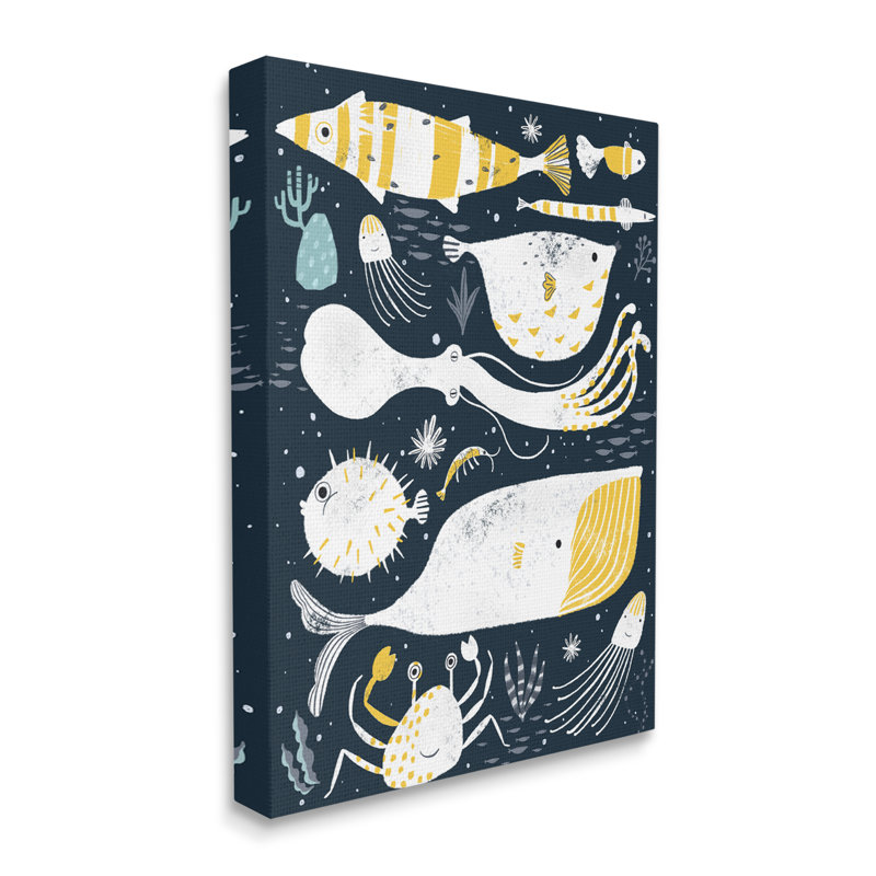 " Aquatic Life Ocean Collage Crab Whale Octopus " by JunCo. Studio, Wrapped Canvas, 30" H x 24" W