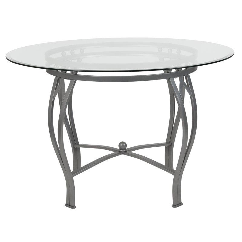 Elegant 42'' Round Silver Metal Frame Glass Dining Table