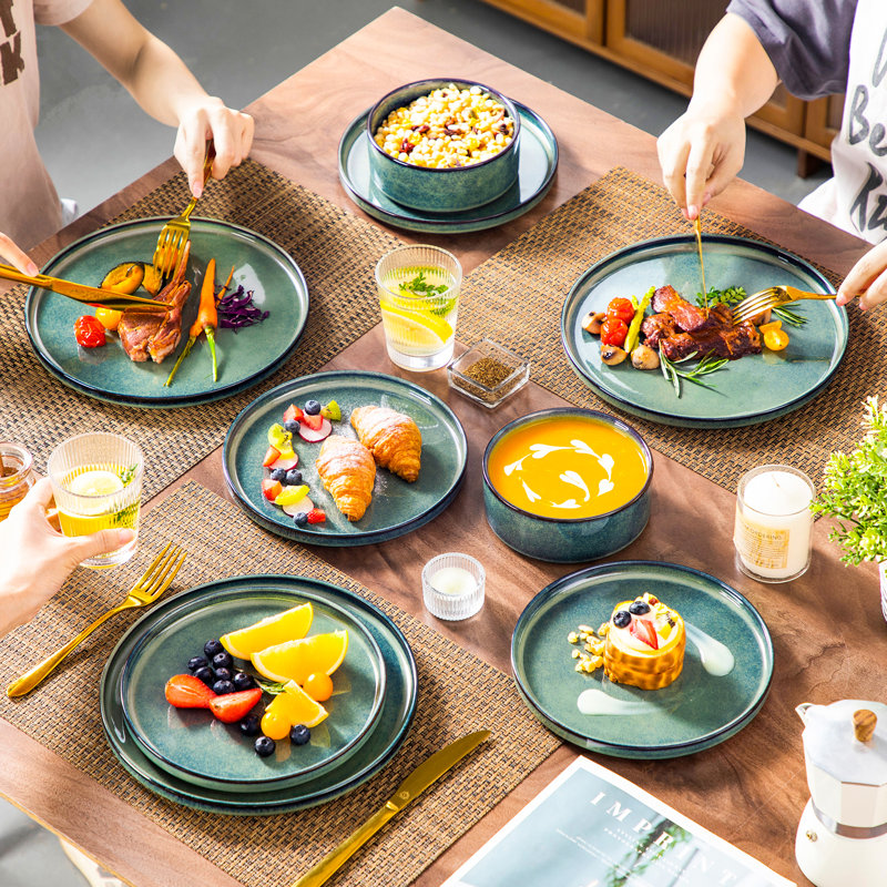 12 Pieces Kitchen Dinnerware Set, Blue Set, Stoneware Dinnerware, Plate And Straight Edge Bowl Set For 4 Person, Green