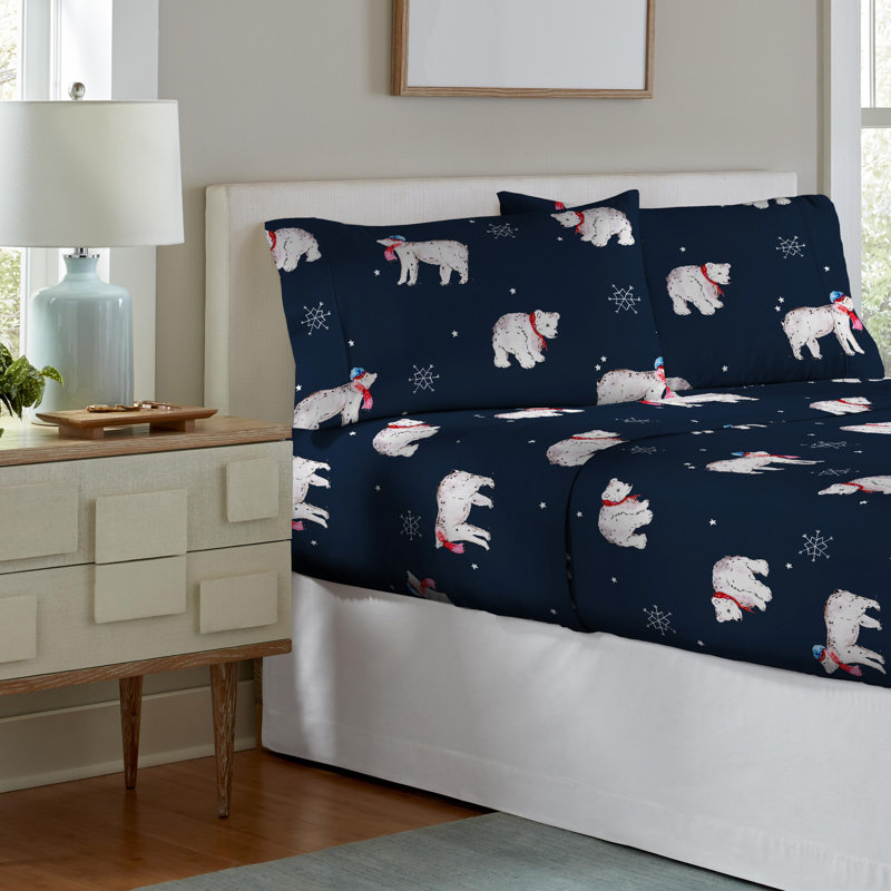 Pointehaven 180 GSM Printed Flannel 100% Cotton Deep Pocket Sheet Set, Cal.King Sheet Set with 2 Pillowcases, Snow Bear