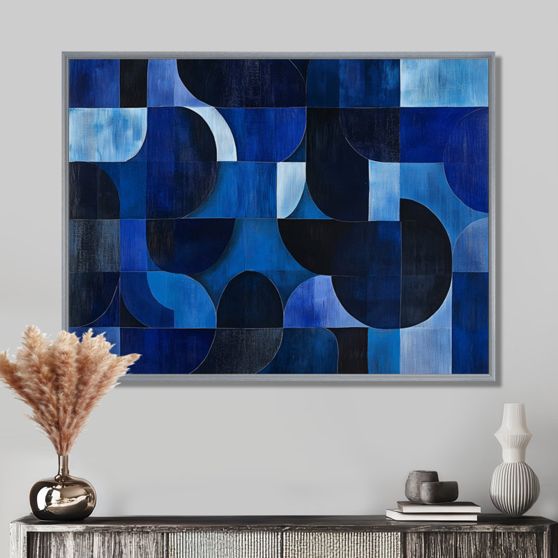 Cercles et blocs indigo - Tableau géométrique encadré, H 30 po x l 40 po, Encadrement argenté