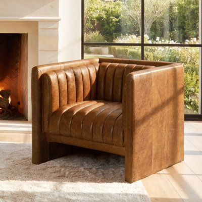 Broderic 38"W Oversized Full-Grain Leather Upholstered Square Channel Tufted Barrel Accent Armchair, Single Sofa