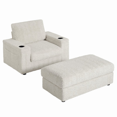 Luxueuse chaise longue en fausse fourrure de lapin avec repose-pieds et porte-gobelet, polyvalente pour le salon et la chambre à coucher
