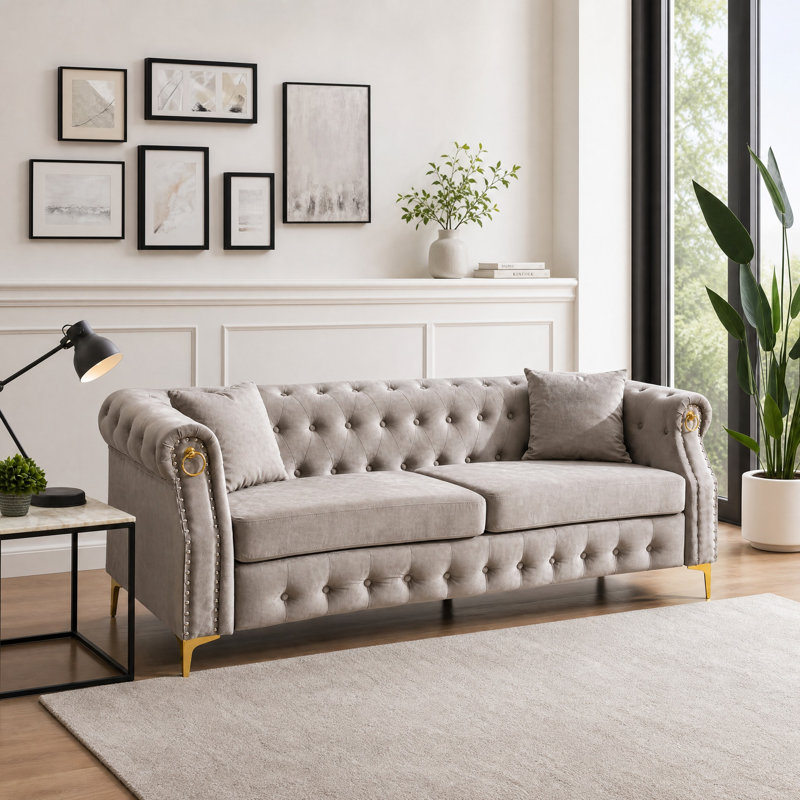  83.5" Velvet Chesterfield Tufted Sofa, Beige